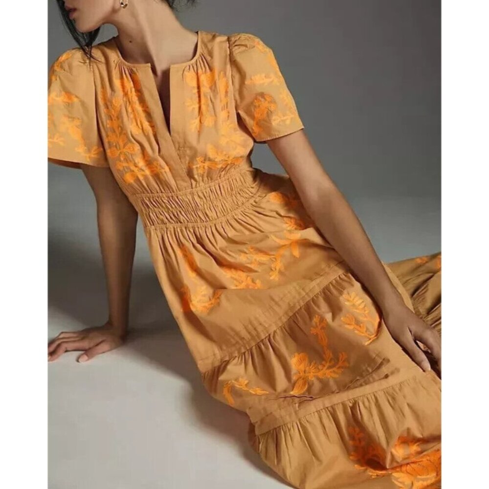 Anthropologie Orange Floral Maxi Dress